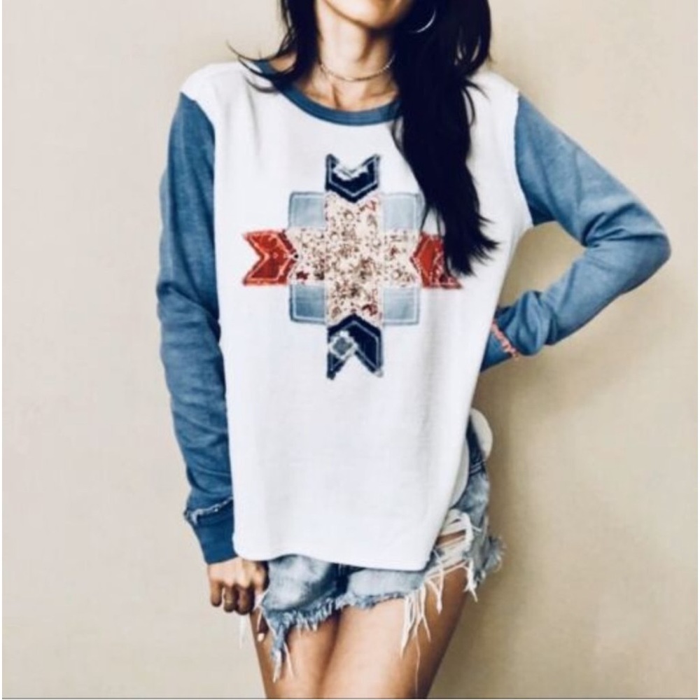We The Free White & Blue Long Sleeve Tee with Southwestern Star Patch